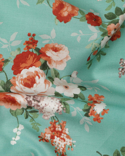 Sea Green Floral Printed Cotton Lawn Fabric 110 Cms Width India-D27756 - Regal Fabrics
