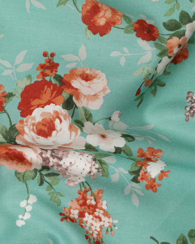 Sea Green Floral Printed Cotton Lawn Fabric 110 Cms Width India-D27756 - Regal Fabrics