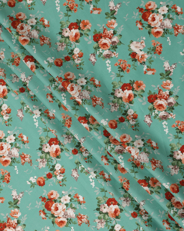 Sea Green Floral Printed Cotton Lawn Fabric 110 Cms Width India-D27756 - Regal Fabrics