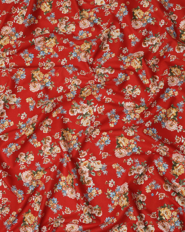 Red Floral Printed Cotton Lawn Fabric 110 Cms Width India-D27760 - Regal Fabrics