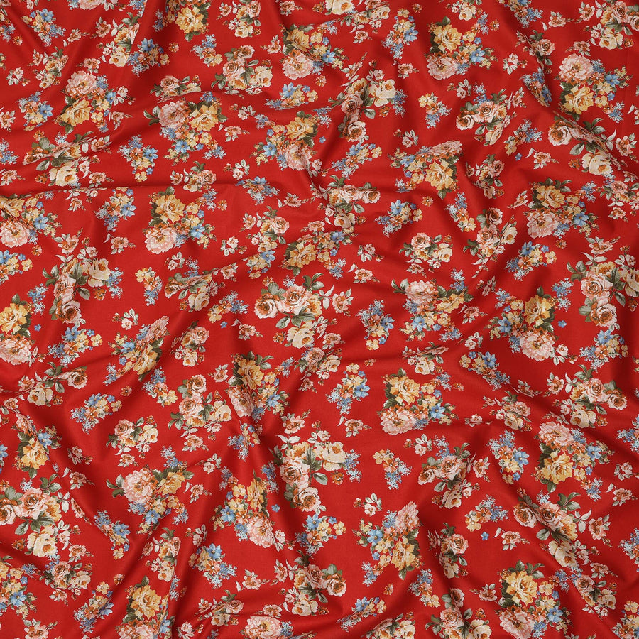 Red Floral Printed Cotton Lawn Fabric 110 Cms Width India-D27760 - Regal Fabrics