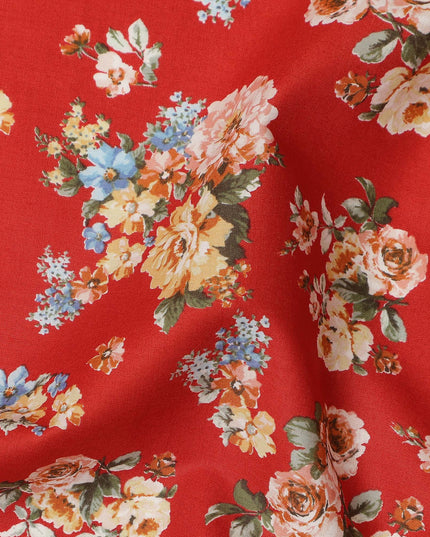 Red Floral Printed Cotton Lawn Fabric 110 Cms Width India-D27760 - Regal Fabrics