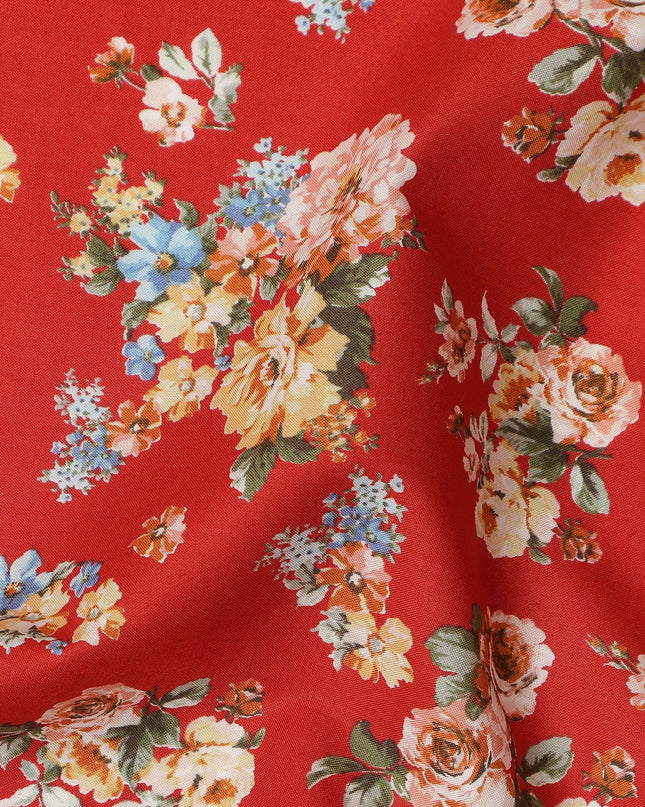 Red Floral Printed Cotton Lawn Fabric 110 Cms Width India-D27760 - Regal Fabrics