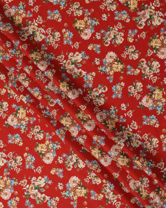 Red Floral Printed Cotton Lawn Fabric 110 Cms Width India-D27760 - Regal Fabrics