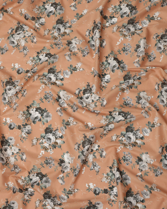 Peach Floral Printed Cotton Lawn Fabric 110 Cms Width India-D27761 - Regal Fabrics