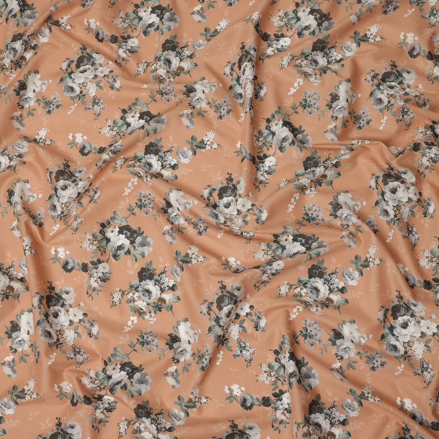 Peach Floral Printed Cotton Lawn Fabric 110 Cms Width India-D27761 - Regal Fabrics