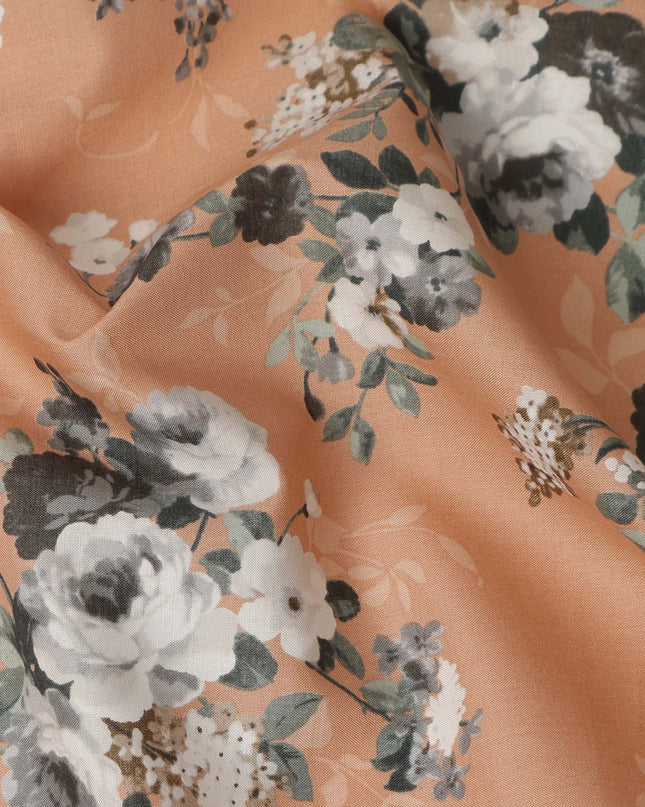 Peach Floral Printed Cotton Lawn Fabric 110 Cms Width India-D27761 - Regal Fabrics