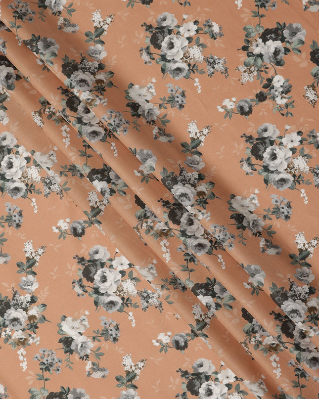 Peach Floral Printed Cotton Lawn Fabric 110 Cms Width India-D27761 - Regal Fabrics