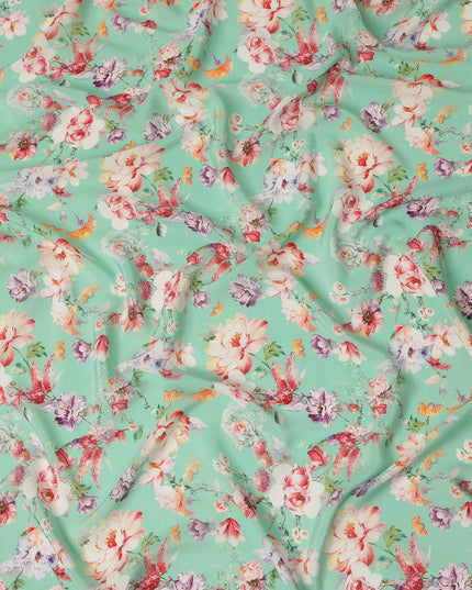 Green Floral Pure Silk Crepe Fabric 110cm - 0028967