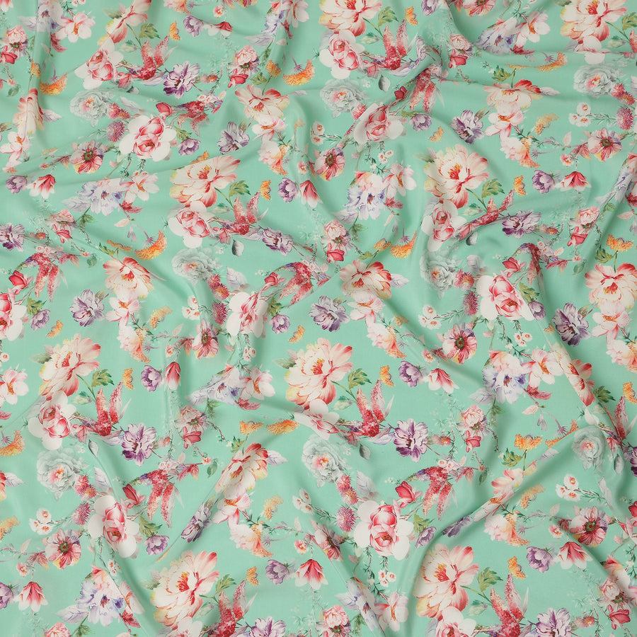 Green Floral Pure Silk Crepe Fabric 110cm - 0028967