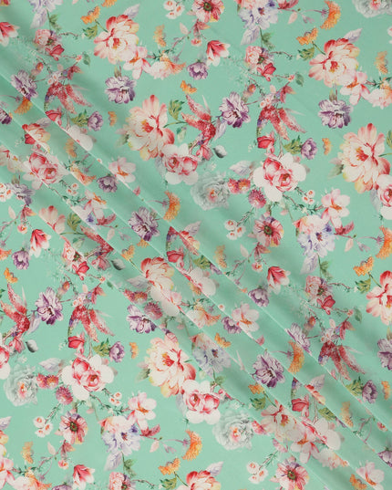 Green Floral Pure Silk Crepe Fabric 110cm - 0028967