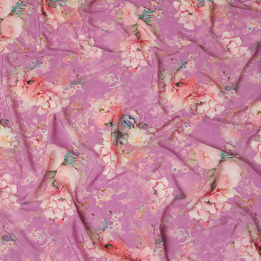 Pink Floral Pure Silk Crepe Fabric 110cm - 0028975