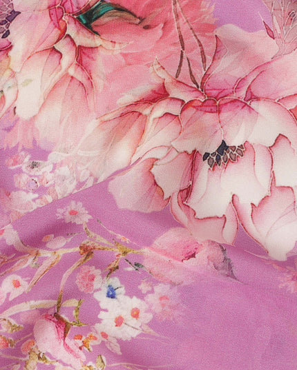 Pink Floral Pure Silk Crepe Fabric 110cm - 0028975