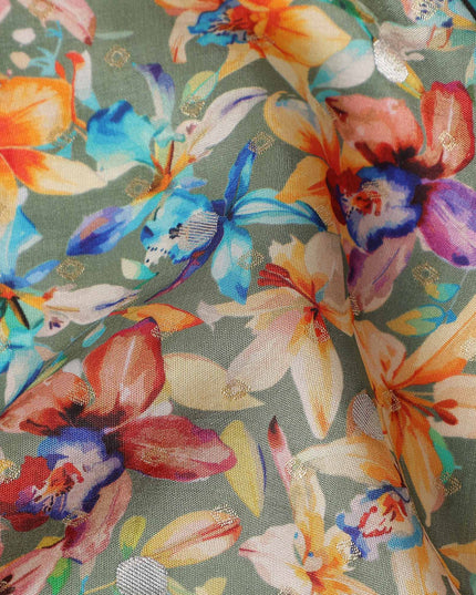 Green Garden Floral Jacquard Viscose Crepe 110cm