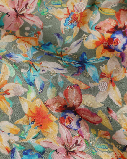 Green Tropical Floral Jacquard Viscose Crepe 110cm