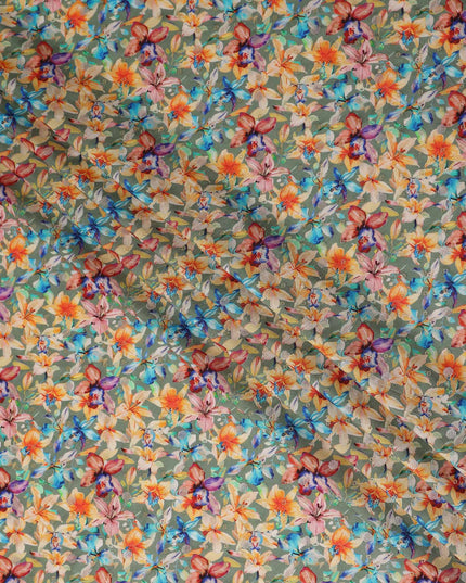 Green Tropical Floral Jacquard Viscose Crepe 110cm