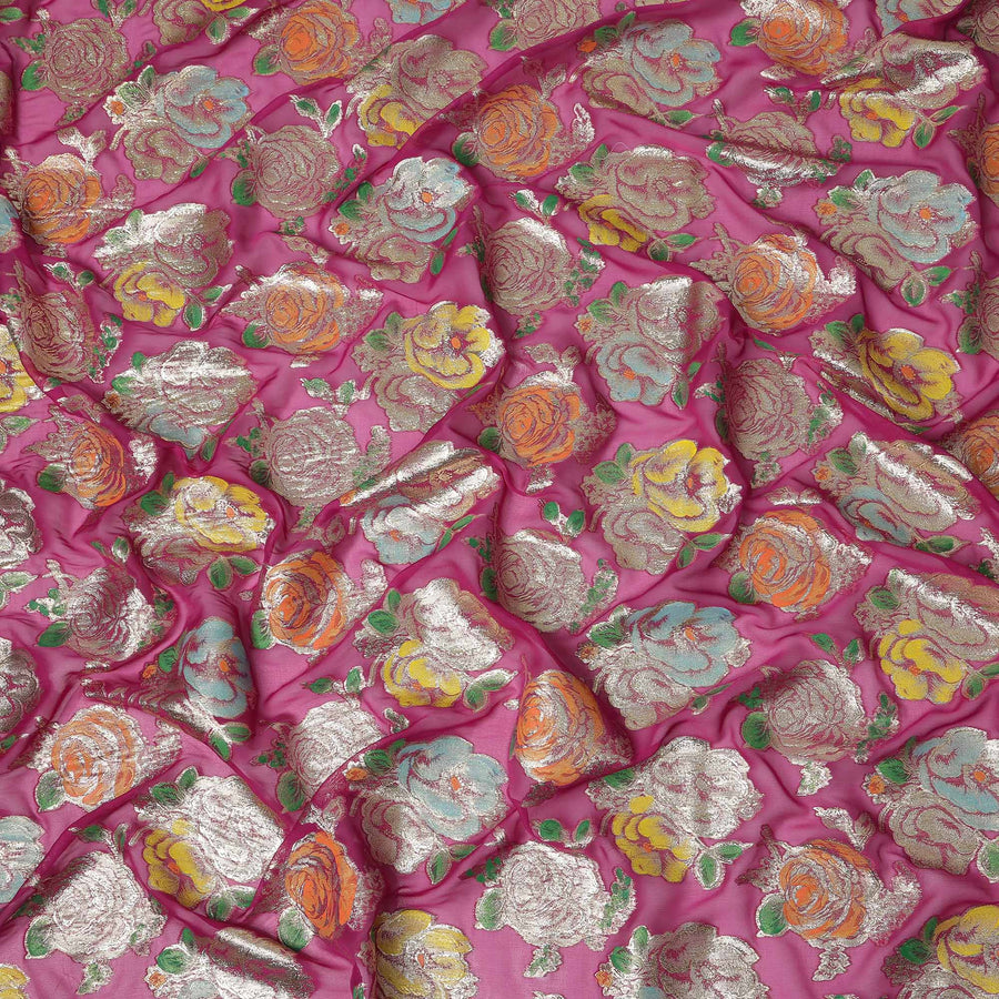 Fuchsia Pink Bouquet Silk Chiffon Fabric 110cm
