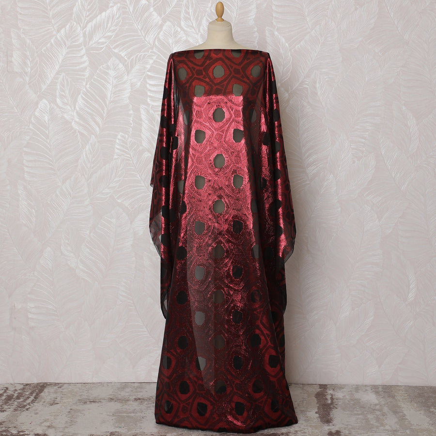 Elegant Burgundy and Black Geometric Pattern Pure French Silk (Fransawi Dirac) Chiffon Fabric – 140 cm Wide X 3.5 Mtrs-D19810