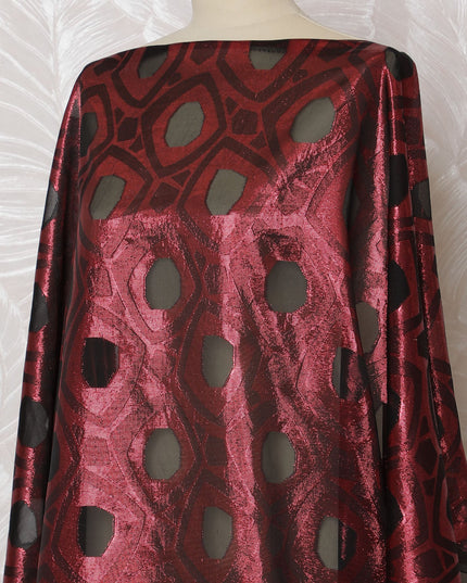 Elegant Burgundy and Black Geometric Pattern Pure French Silk (Fransawi Dirac) Chiffon Fabric – 140 cm Wide X 3.5 Mtrs-D19810