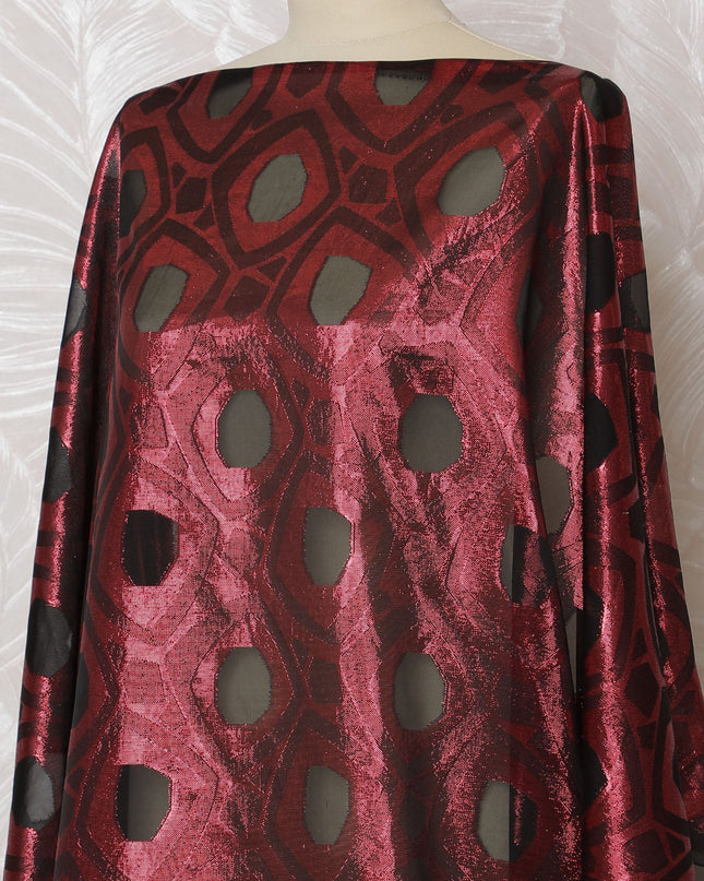 Elegant Burgundy and Black Geometric Pattern Pure French Silk (Fransawi Dirac) Chiffon Fabric – 140 cm Wide X 3.5 Mtrs-D19810