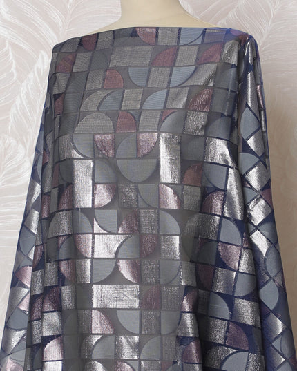 Elegant Silver and Blue Geometric Pattern Pure French Silk (Fransawi Dirac) Chiffon Fabric – 140 cm Wide X 3.5 Mtrs-D19811