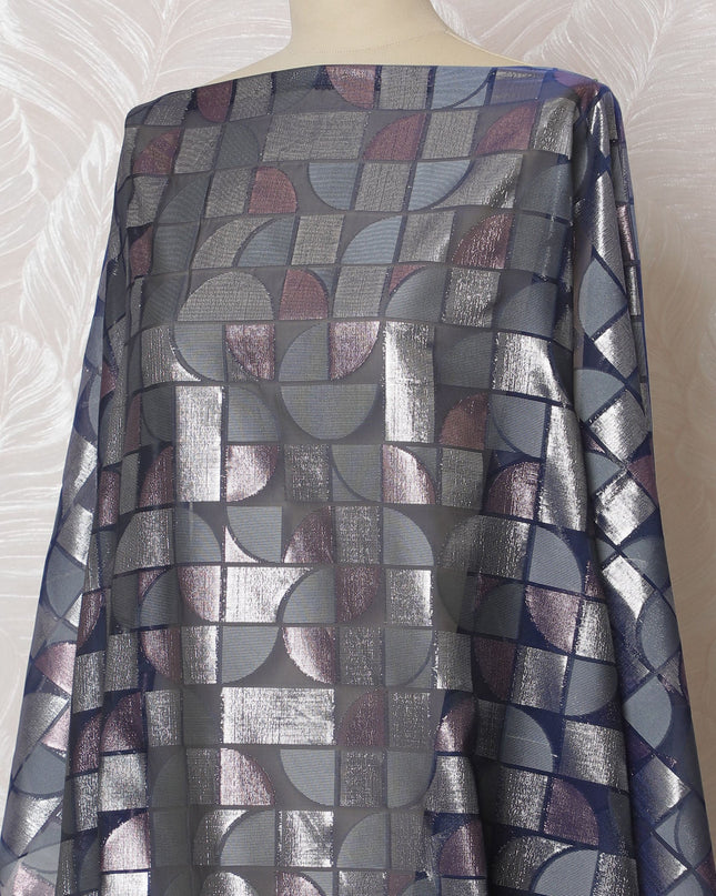 Elegant Silver and Blue Geometric Pattern Pure French Silk (Fransawi Dirac) Chiffon Fabric – 140 cm Wide X 3.5 Mtrs-D19811