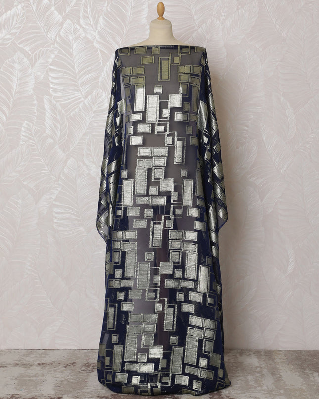 Luxurious Navy and Silver Geometric Pattern Pure French Silk (Fransawi Dirac) Chiffon Fabric – 140 cm Wide X 3.5 Mtrs-D19812