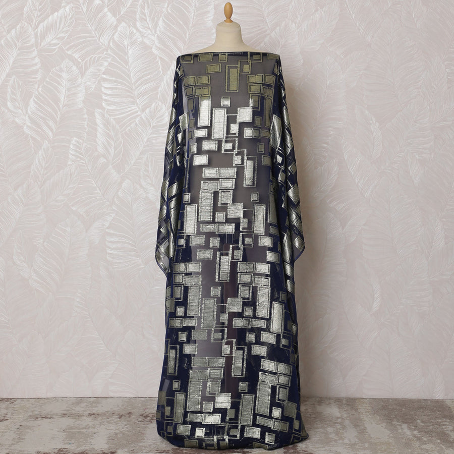 Luxurious Navy and Silver Geometric Pattern Pure French Silk (Fransawi Dirac) Chiffon Fabric – 140 cm Wide X 3.5 Mtrs-D19812