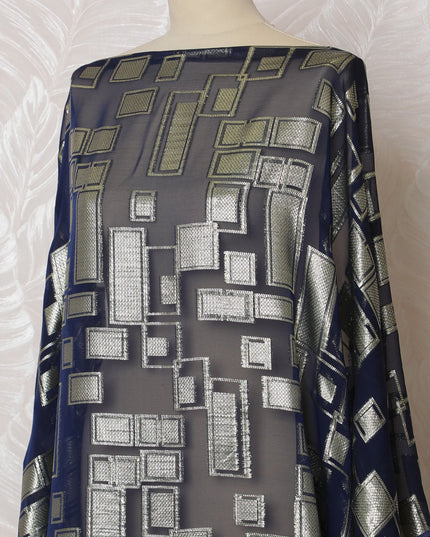 Luxurious Navy and Silver Geometric Pattern Pure French Silk (Fransawi Dirac) Chiffon Fabric – 140 cm Wide X 3.5 Mtrs-D19812