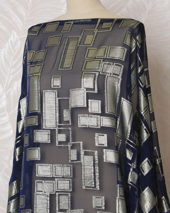 Luxurious Navy and Silver Geometric Pattern Pure French Silk (Fransawi Dirac) Chiffon Fabric – 140 cm Wide X 3.5 Mtrs-D19812