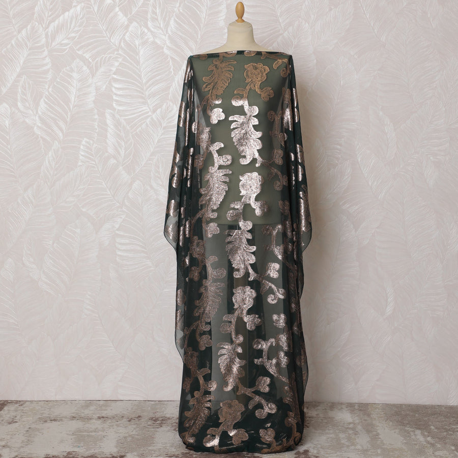 Elegant Dark Green and Bronze Floral Pattern Pure French Silk (Fransawi Dirac) Chiffon Fabric – 140 cm Wide X 3.5 Mtrs-D19813