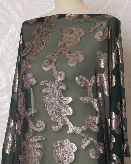 Elegant Dark Green and Bronze Floral Pattern Pure French Silk (Fransawi Dirac) Chiffon Fabric – 140 cm Wide X 3.5 Mtrs-D19813