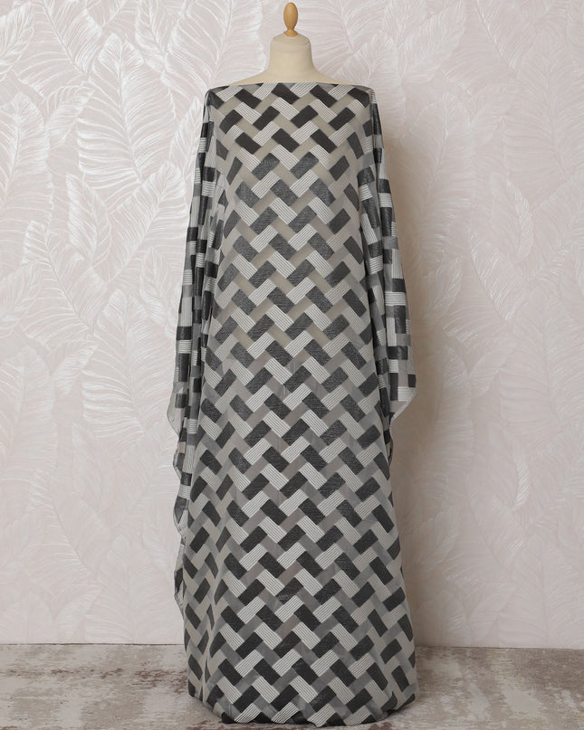 Chic Grey and Black Geometric Pattern Pure French Silk (Fransawi Dirac) Chiffon Fabric – 140 cm Wide X 3.5 Mtrs-D19814