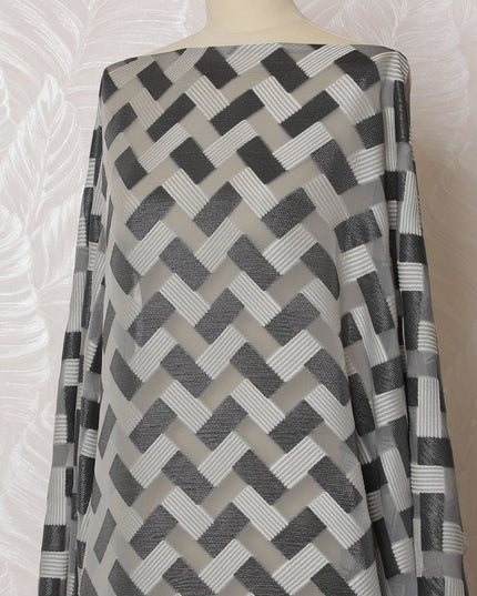 Chic Grey and Black Geometric Pattern Pure French Silk (Fransawi Dirac) Chiffon Fabric – 140 cm Wide X 3.5 Mtrs-D19814