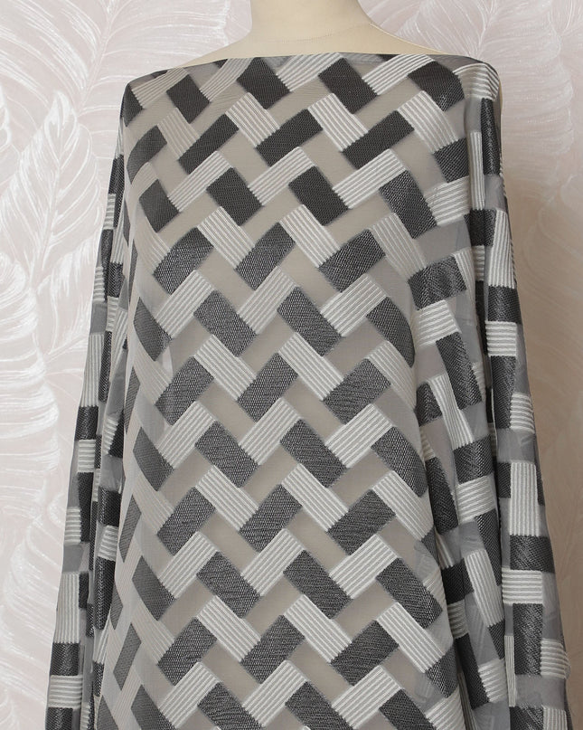 Chic Grey and Black Geometric Pattern Pure French Silk (Fransawi Dirac) Chiffon Fabric – 140 cm Wide X 3.5 Mtrs-D19814