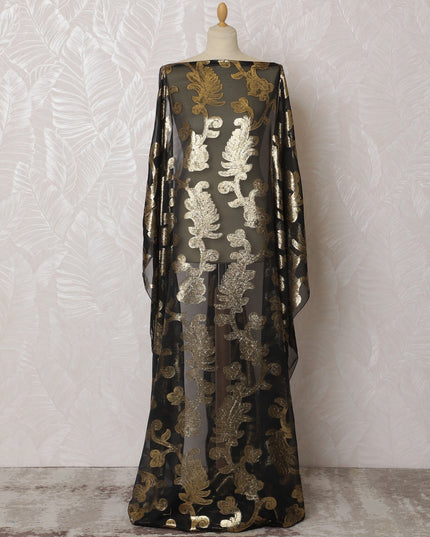 Luxurious Black and Gold Floral Pattern Pure French Silk (Fransawi Dirac) Chiffon Fabric – 140 cm Wide X 3.5 Mtrs-D19816