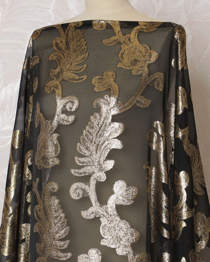 Luxurious Black and Gold Floral Pattern Pure French Silk (Fransawi Dirac) Chiffon Fabric – 140 cm Wide X 3.5 Mtrs-D19816