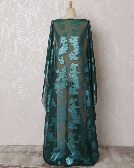 Elegant Emerald Green and Teal Floral Pattern Pure French Silk (Fransawi Dirac) Chiffon Fabric – 140 cm Wide X 3.5 Mtrs-D19817