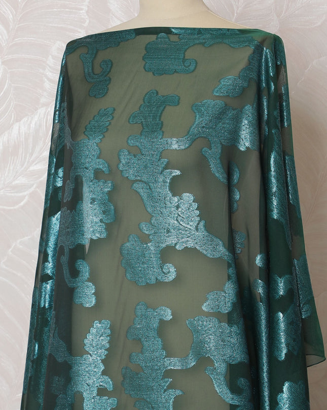 Elegant Emerald Green and Teal Floral Pattern Pure French Silk (Fransawi Dirac) Chiffon Fabric – 140 cm Wide X 3.5 Mtrs-D19817