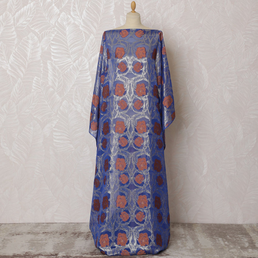 Elegant Royal Blue and Copper Floral Pattern Pure French Silk (Fransawi Dirac) Chiffon Fabric – 140 cm Wide X 3.5 Mtrs-D19818