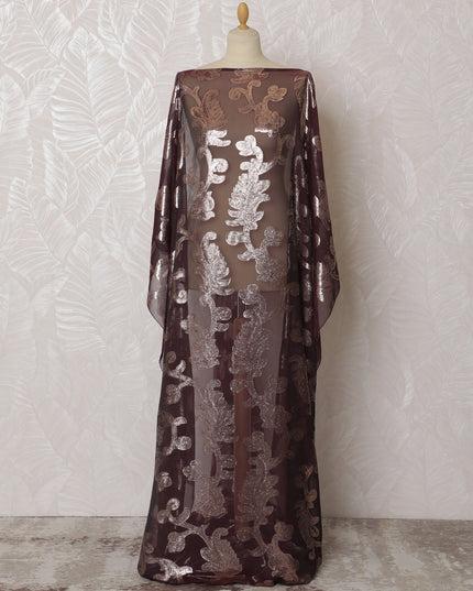 Elegant Burgundy and Silver Floral Pattern Pure French Silk (Fransawi Dirac) Chiffon Fabric – 140 cm Wide X 3.5 Mtrs-D19819