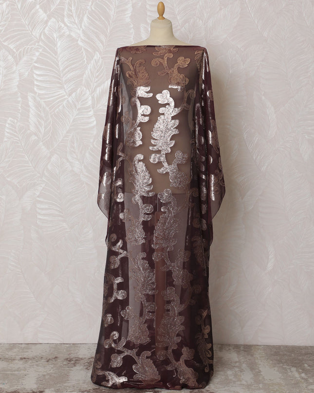 Elegant Burgundy and Silver Floral Pattern Pure French Silk (Fransawi Dirac) Chiffon Fabric – 140 cm Wide X 3.5 Mtrs-D19819