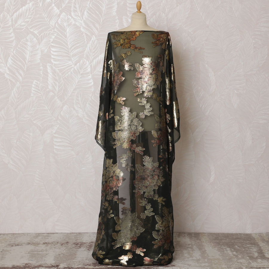 Elegant Black and Multicolor Floral Pattern Pure French Silk (Fransawi Dirac) Chiffon Fabric – 140 cm Wide X 3.5 Mtrs-D19820