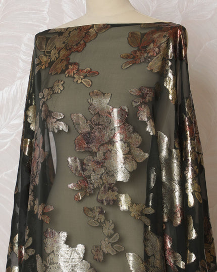 Elegant Black and Multicolor Floral Pattern Pure French Silk (Fransawi Dirac) Chiffon Fabric – 140 cm Wide X 3.5 Mtrs-D19820