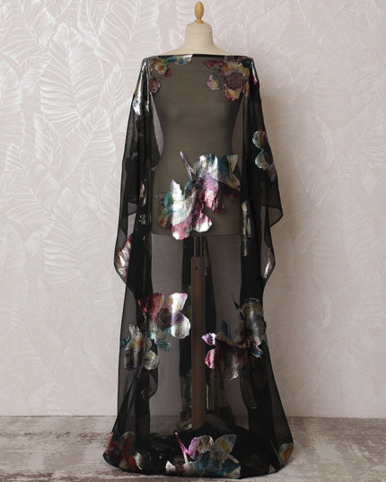 Elegant Black and Iridescent Floral Pattern Pure French Silk (Fransawi Dirac) Chiffon Fabric – 140 cm Wide X 3.5 Mtrs-D19821