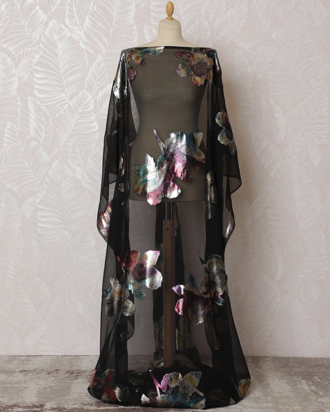 Elegant Black and Iridescent Floral Pattern Pure French Silk (Fransawi Dirac) Chiffon Fabric – 140 cm Wide X 3.5 Mtrs-D19821