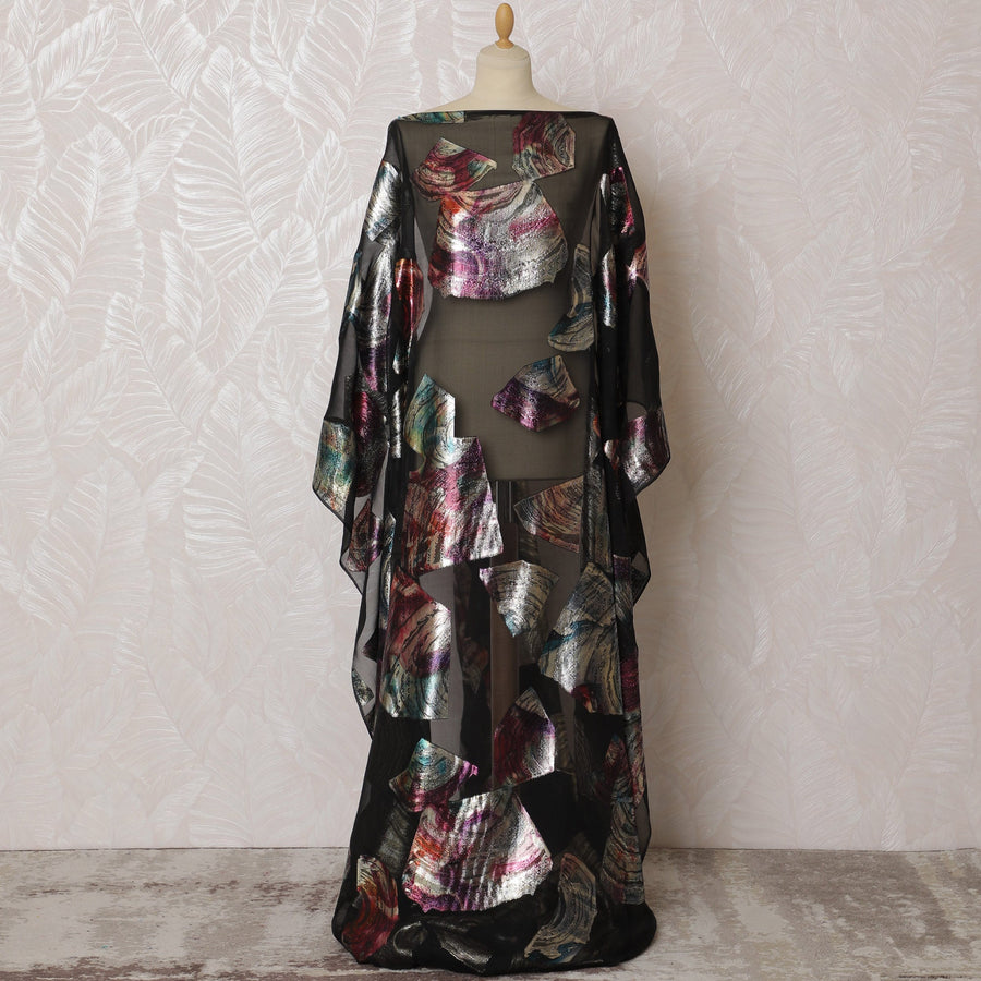 Elegant Black and Multicolor Abstract Pattern Pure French Silk (Fransawi Dirac) Chiffon Fabric – 140 cm Wide X 3.5 Mtrs-D19822