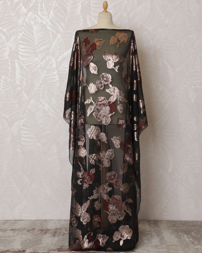 Elegant Black and Copper Floral Pattern Pure French Silk (Fransawi Dirac) Chiffon Fabric – 140 cm Wide X 3.5 Mtrs-D19823 Regal Fabrics