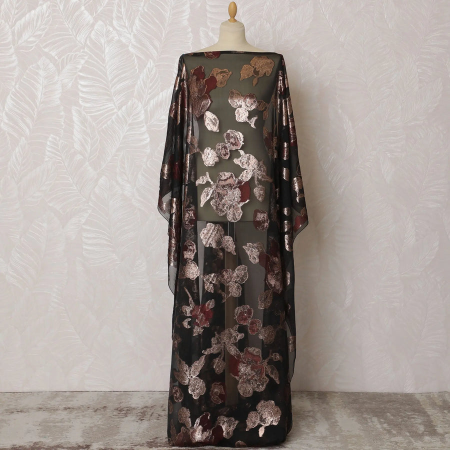 Elegant Black and Copper Floral Pattern Pure French Silk (Fransawi Dirac) Chiffon Fabric – 140 cm Wide X 3.5 Mtrs-D19823 Regal Fabrics