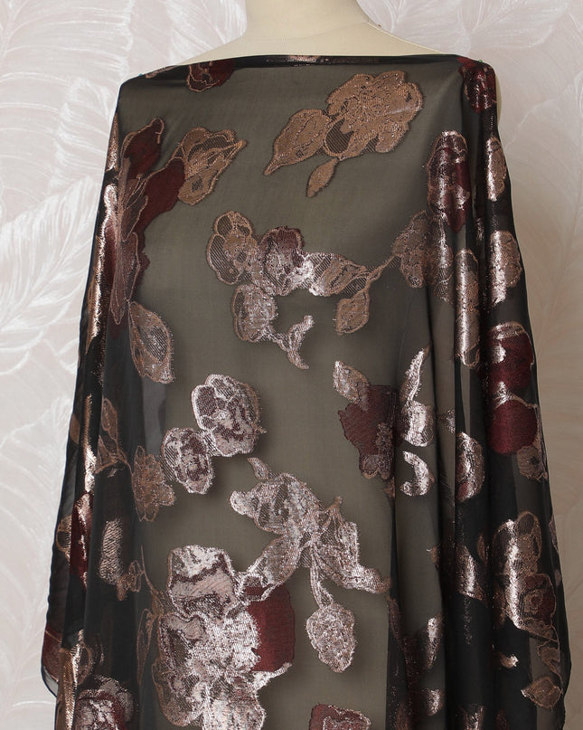 Elegant Black and Copper Floral Pattern Pure French Silk (Fransawi Dirac) Chiffon Fabric – 140 cm Wide X 3.5 Mtrs-D19823 Regal Fabrics
